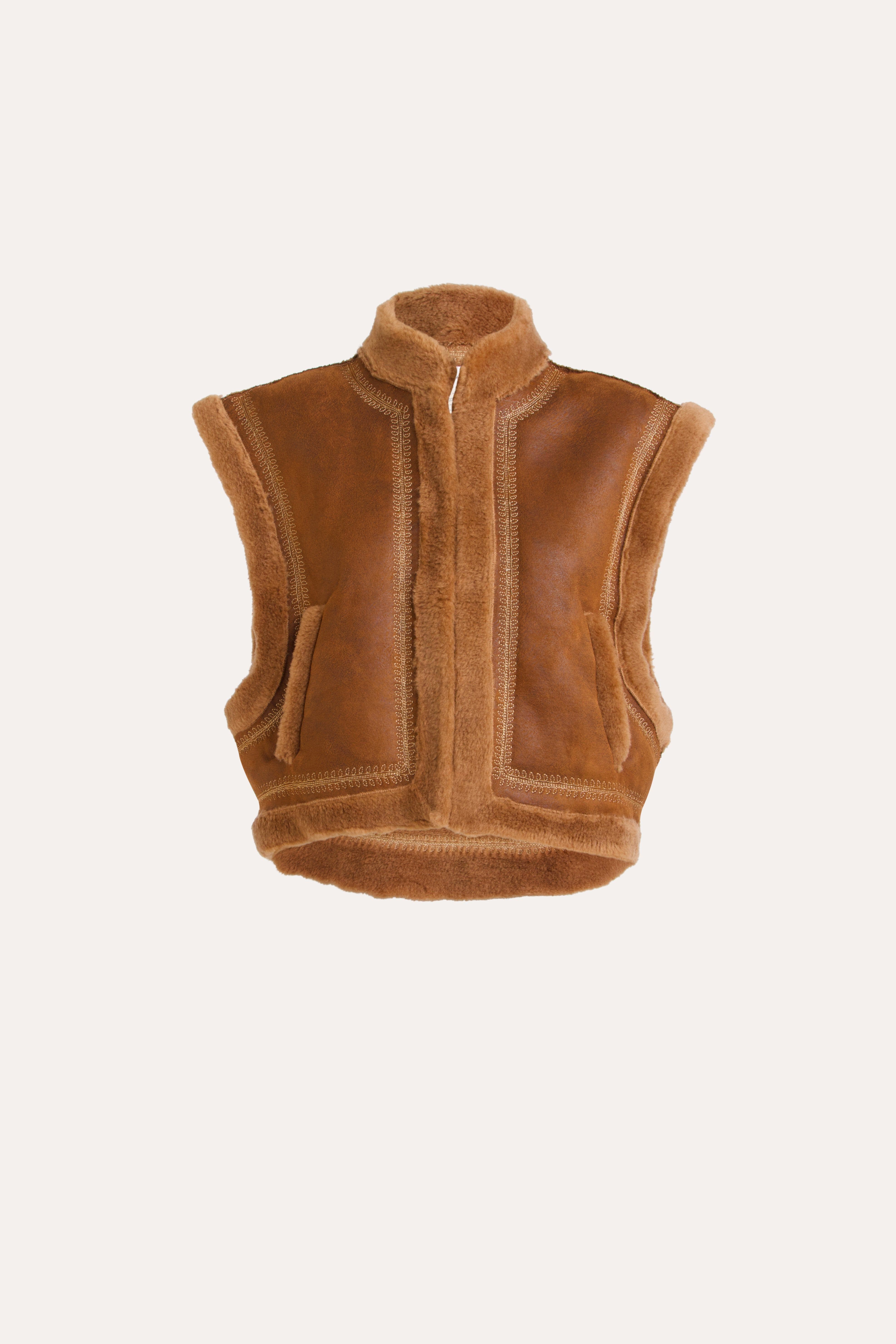 Shiloh Embroidered Faux-Shearling Vest