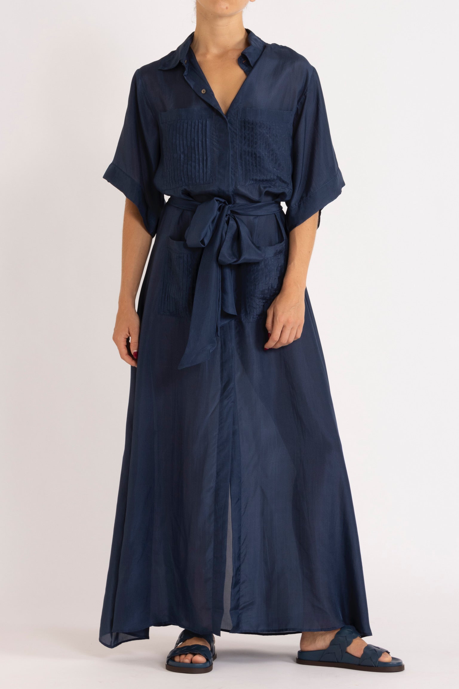 Eliza Navy Silk Habotai Shirt Dress